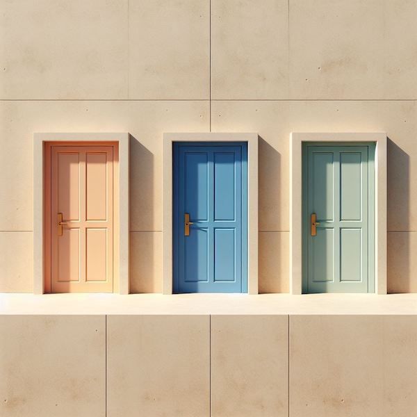 Three doors aligned behind a beige concrete wall, symbolizing alternatives to new year’s resolutions
