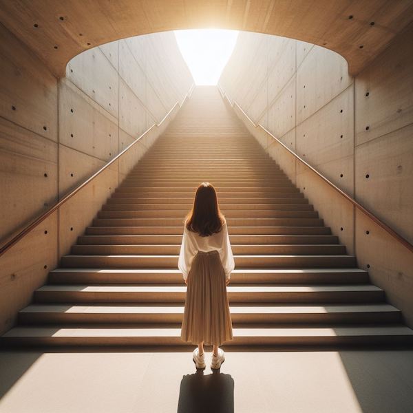 A woman embarks on a journey of self-improvement, as she stands before a long flight of beige concrete stairs